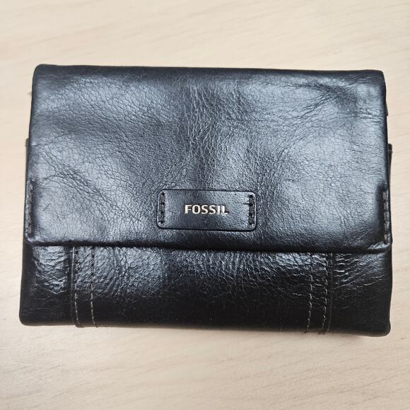 Black Distressed Buttery Leather Fossil Tri-fold Ellis Multi-function Wallet - Picture 1 of 8